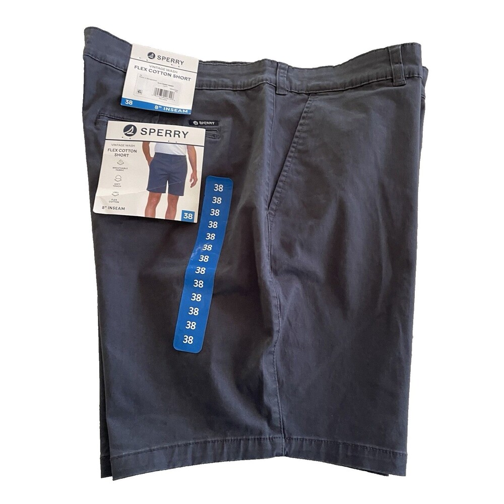 Sperry Flex Cotton Chino Shorts Blue Flat Front Slash Pkt Vtg Wash Men 38 NWT